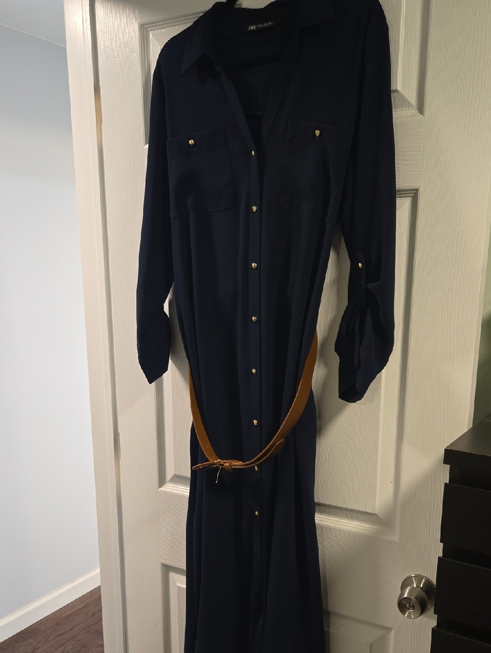 Zara Navy Long Sleeve Shirt Dress with Belt - Women XL
